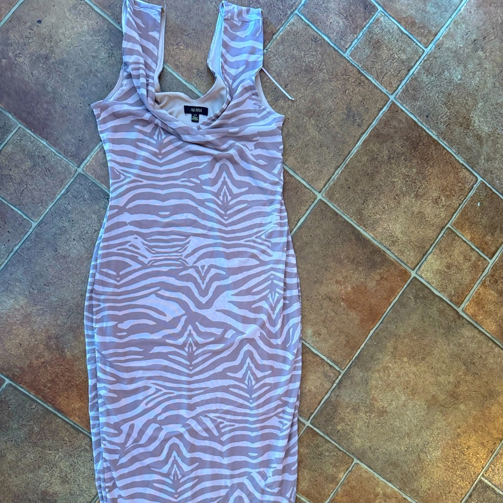 AFRM tan and white striped print midi mesh dress SMALL S